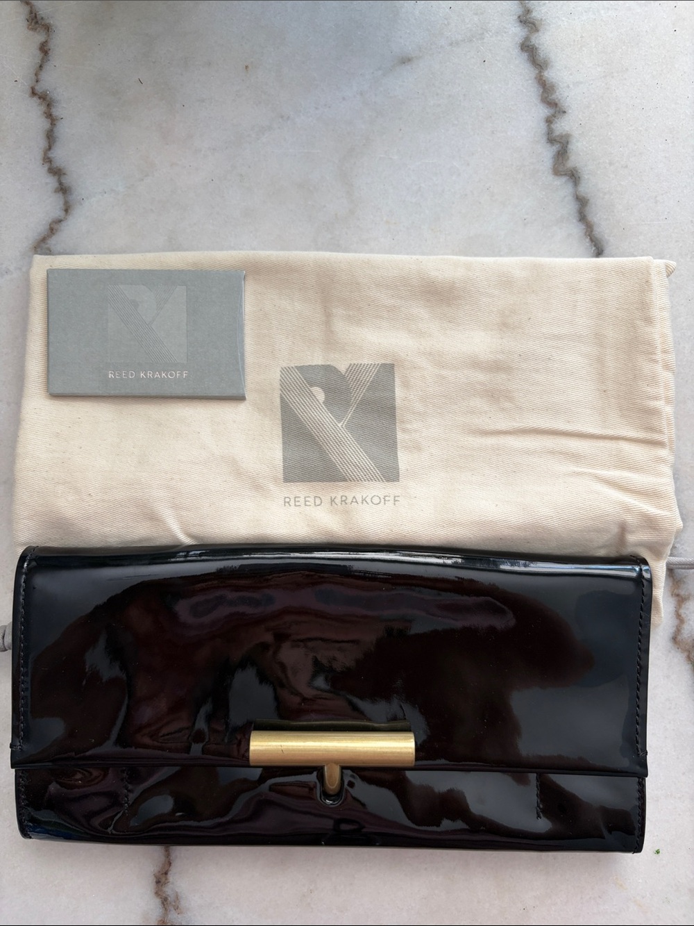 Reed Krakoff Black Patent Leather Clutch with Gold Bar Closure
